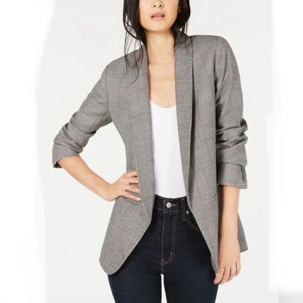 Bar III Open Front Plaid Blazer Women’s Lined Black White Shawl Collar Size M
